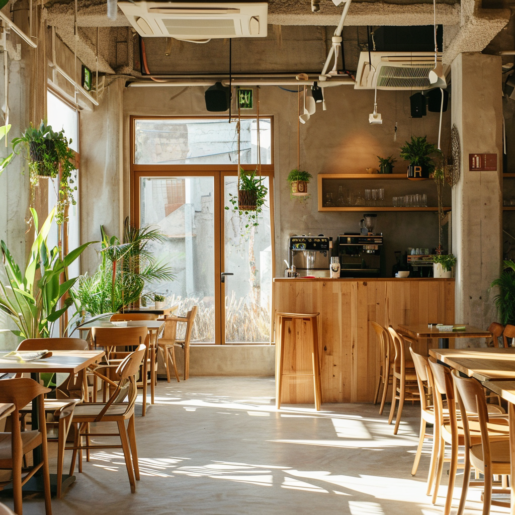 Interior of Cafe with Wooden Furniture Plants and High Fi Sound