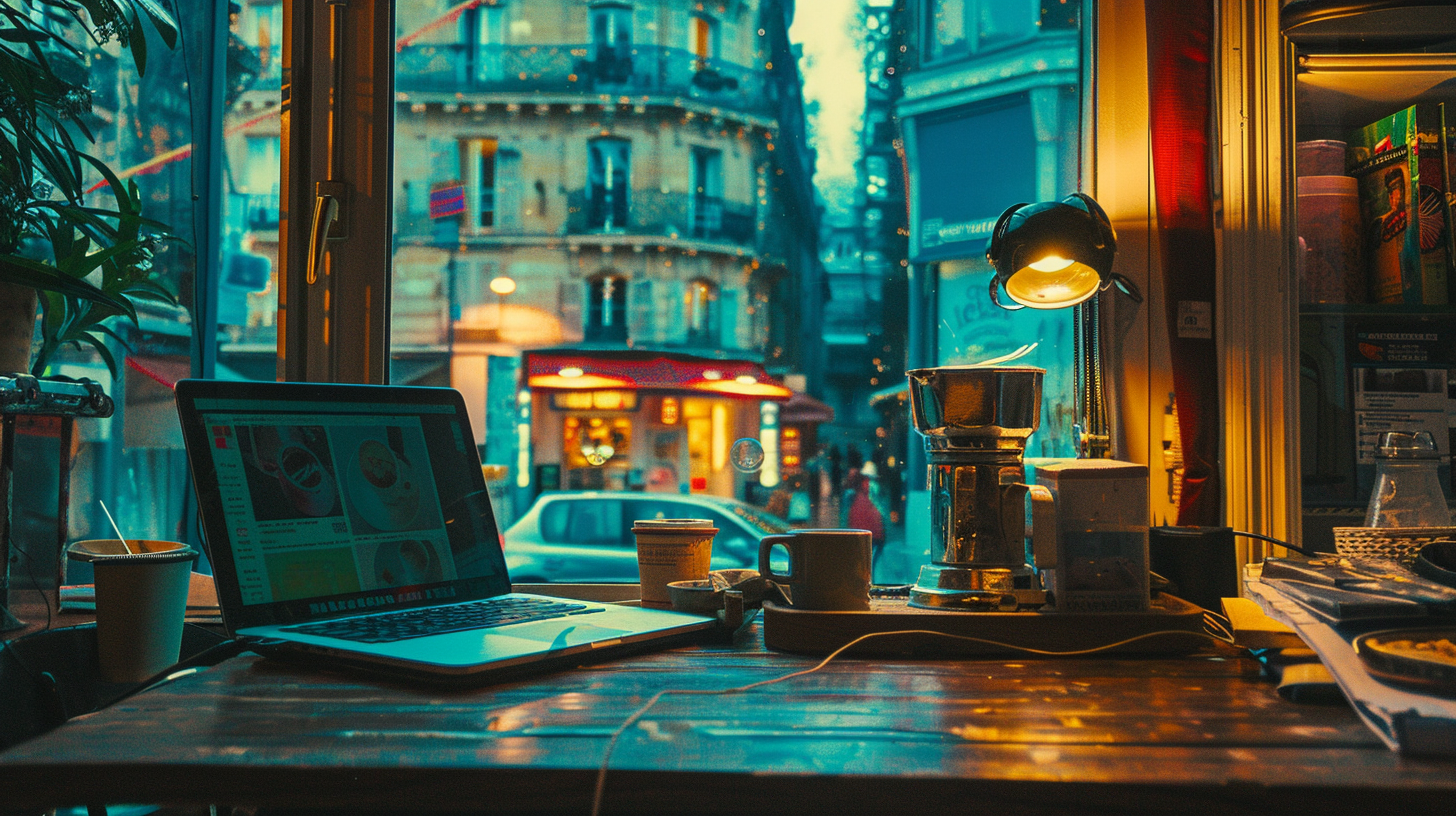 Laptop and coffee on cafe table