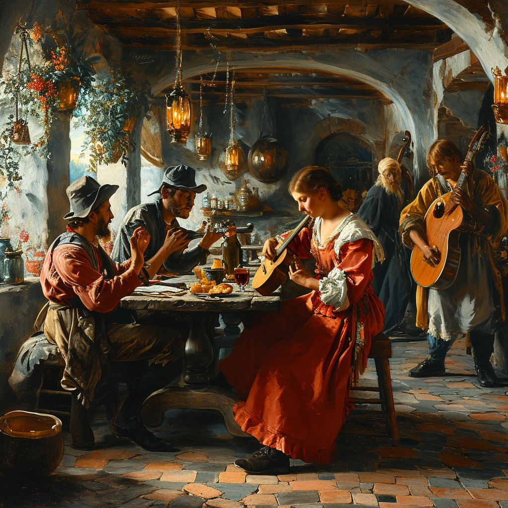 Classic Renaissance Cafe with People Playing Instruments