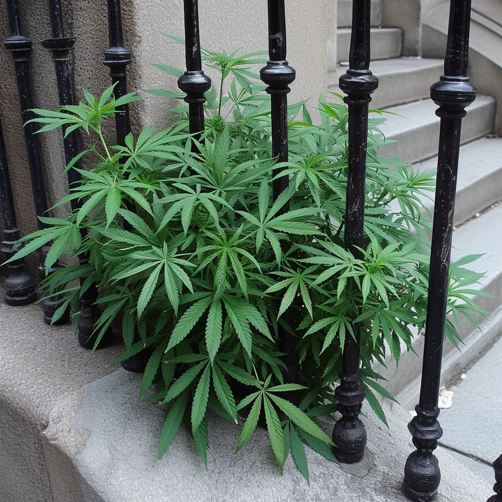 Caged cannabis plant outside state house