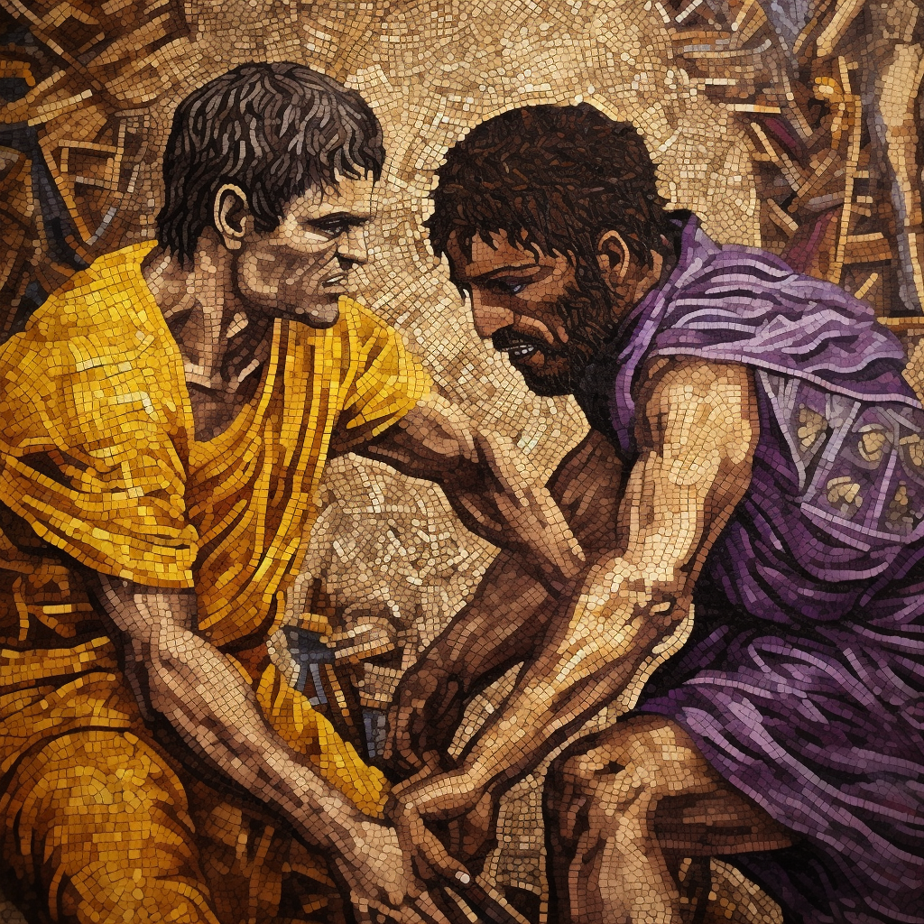 Cain murdering Abel in animated mosaic style