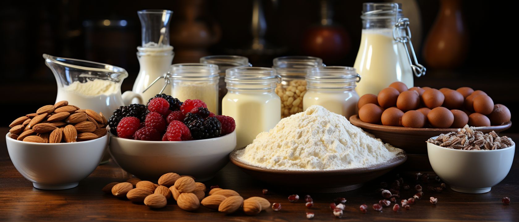 Assorted cake baking ingredients on table