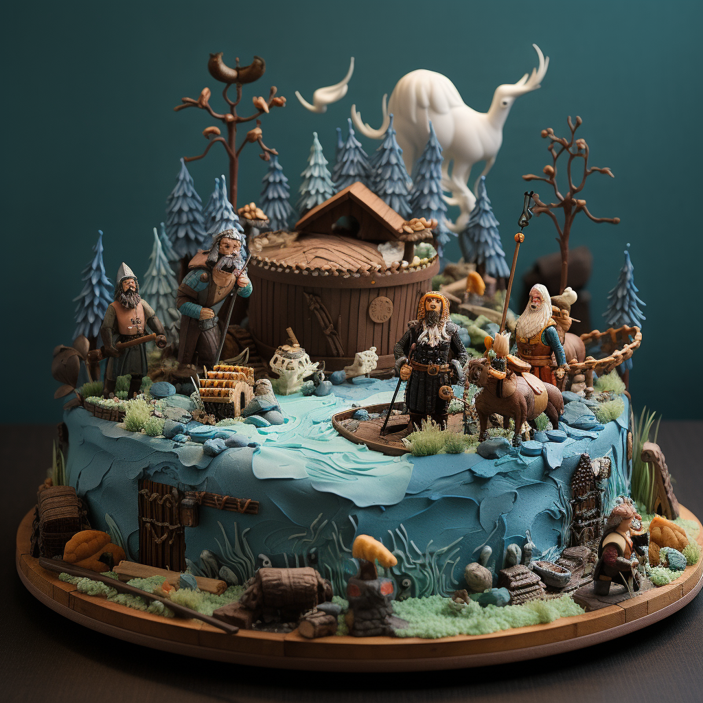 Diorama of cake vikings in blueberry cake world