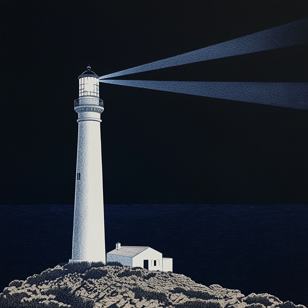 Lighthouse drawing night beams sea