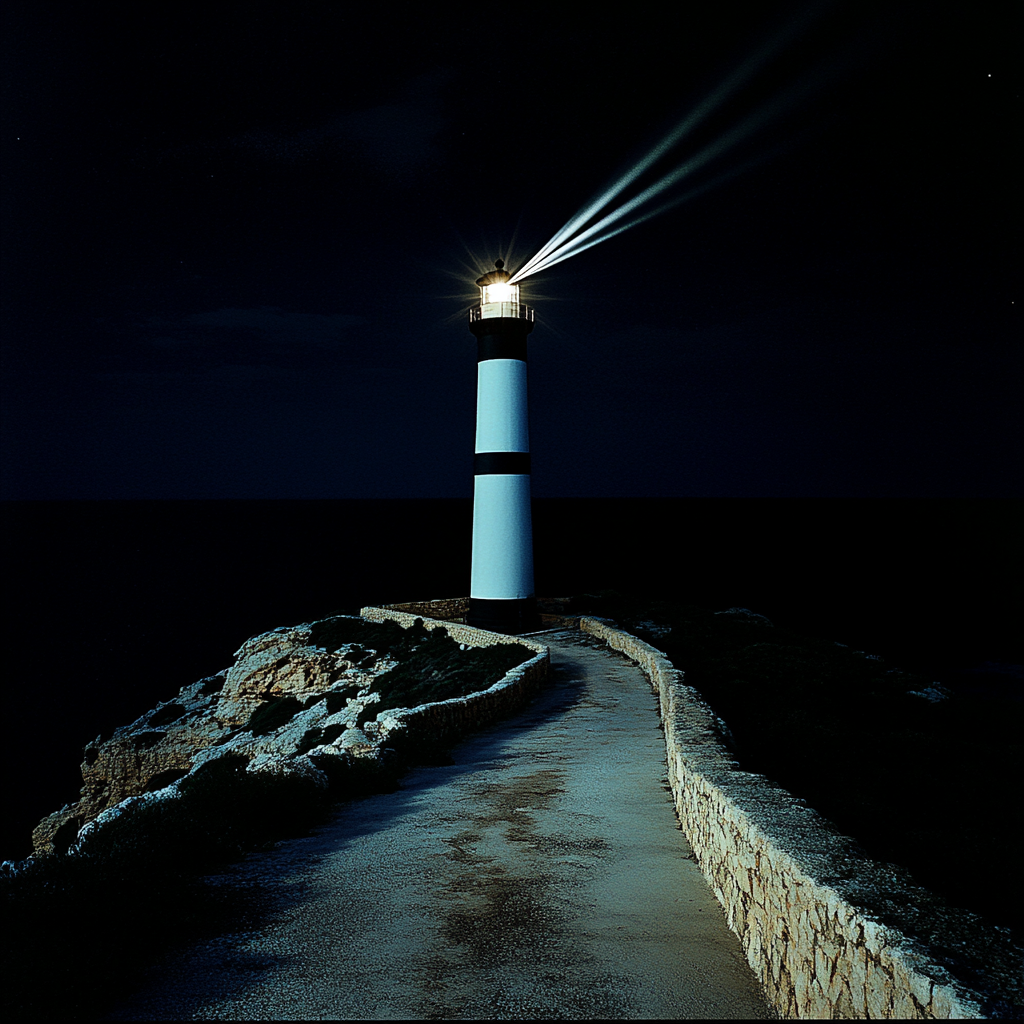 lighthouse night beams scenic view