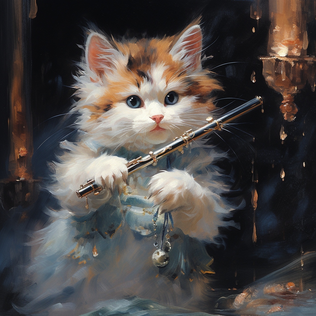 Adorable calico cat playing silver flute