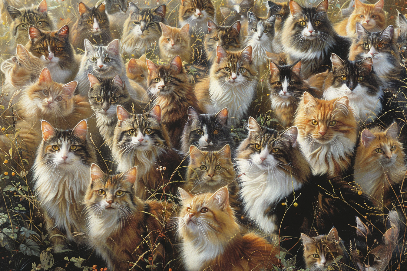 Group of Calico Cats in Meadow