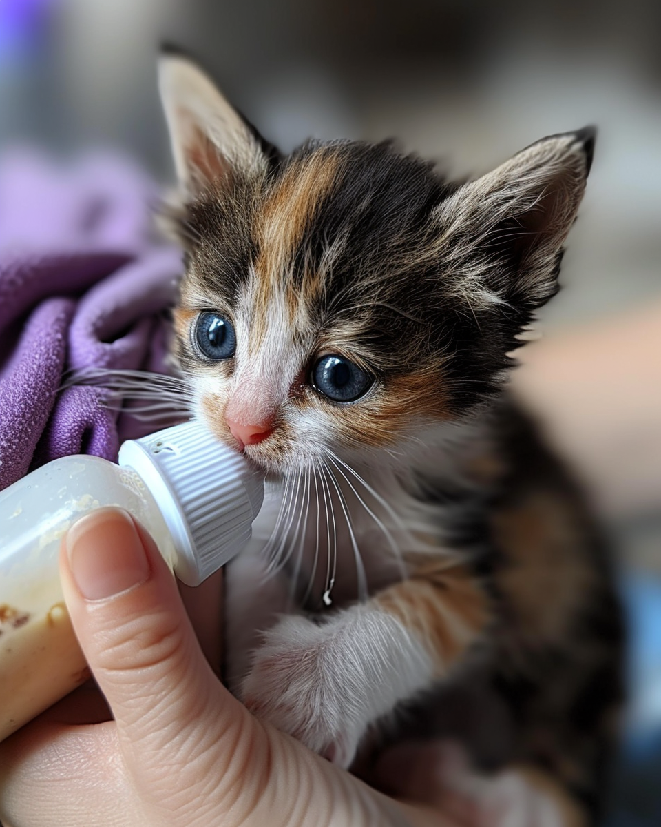 Calico kitten being bottle fed formula