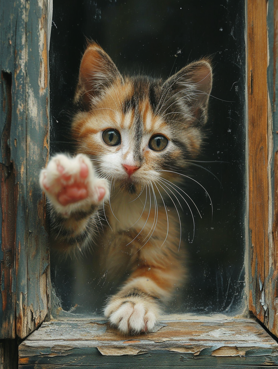 Calico Kitten Waving Paw Behind Window