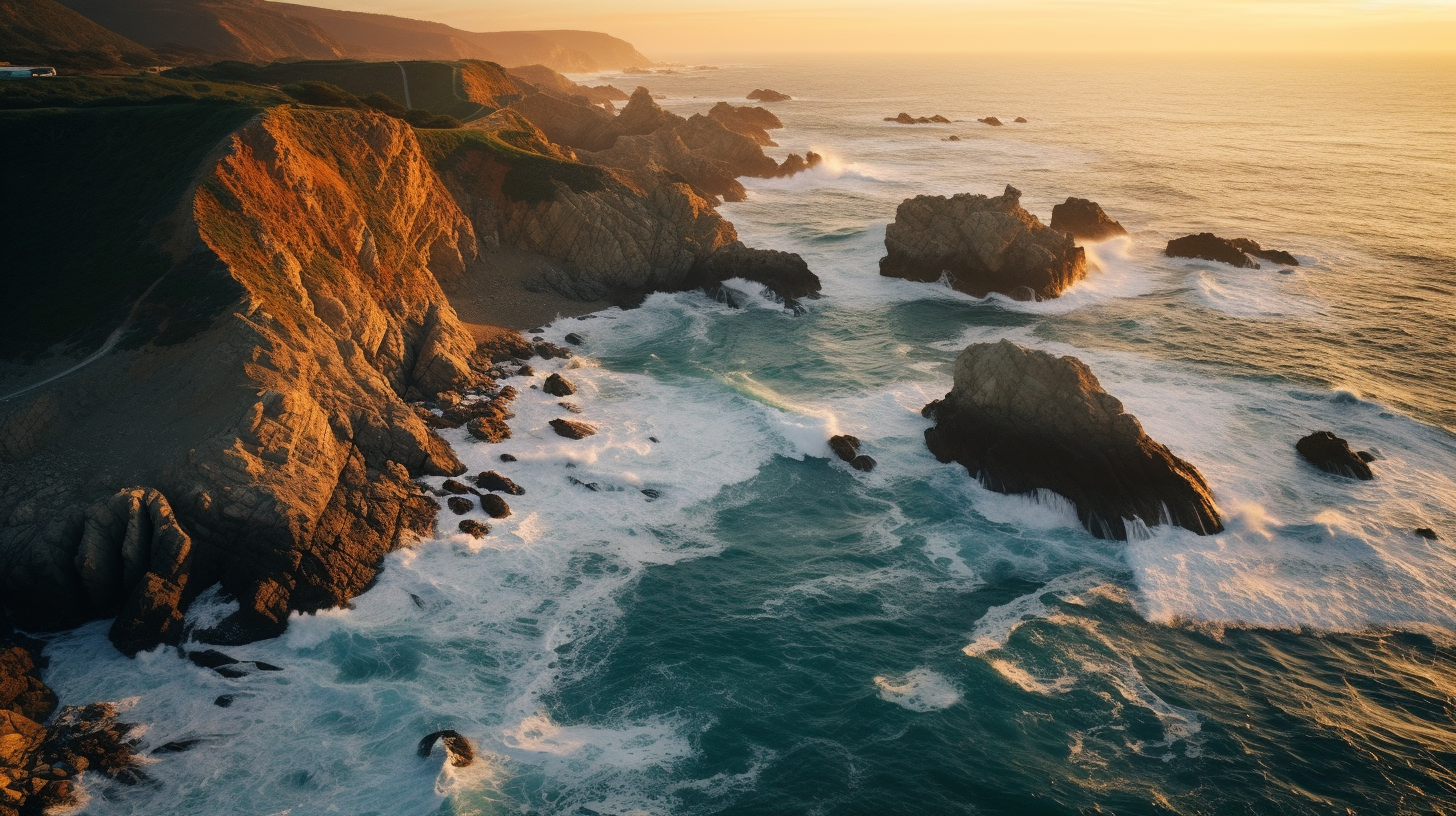 Sunset waves meeting cliffs in California coast