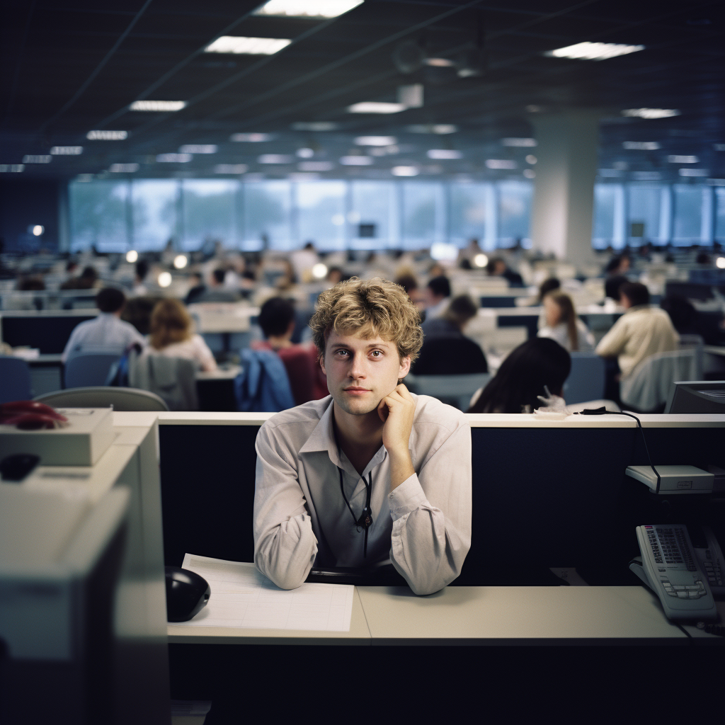 Happy call center worker in chaotic office