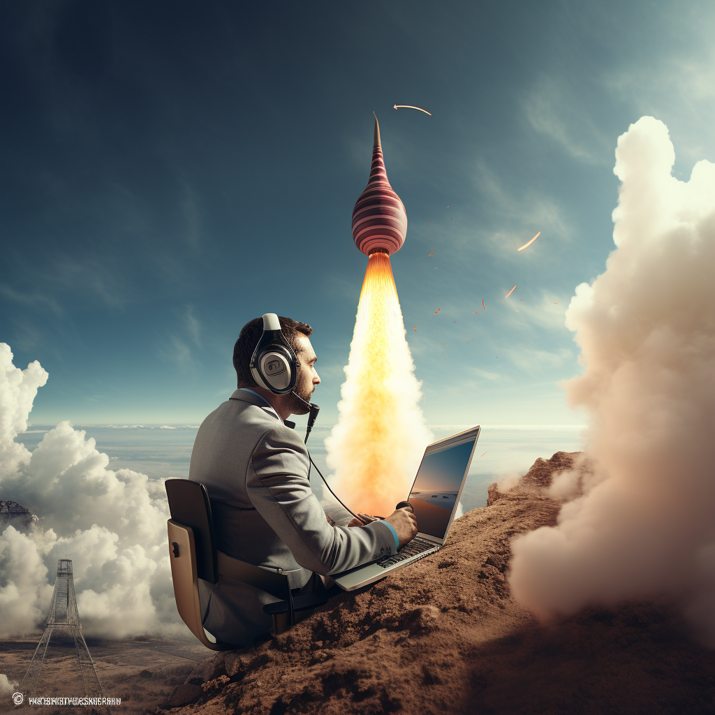 Call center agent launching rocket to the sky