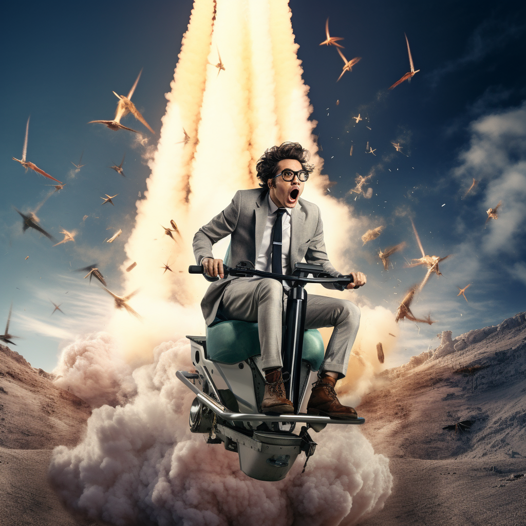 Call center agent riding rocket to success