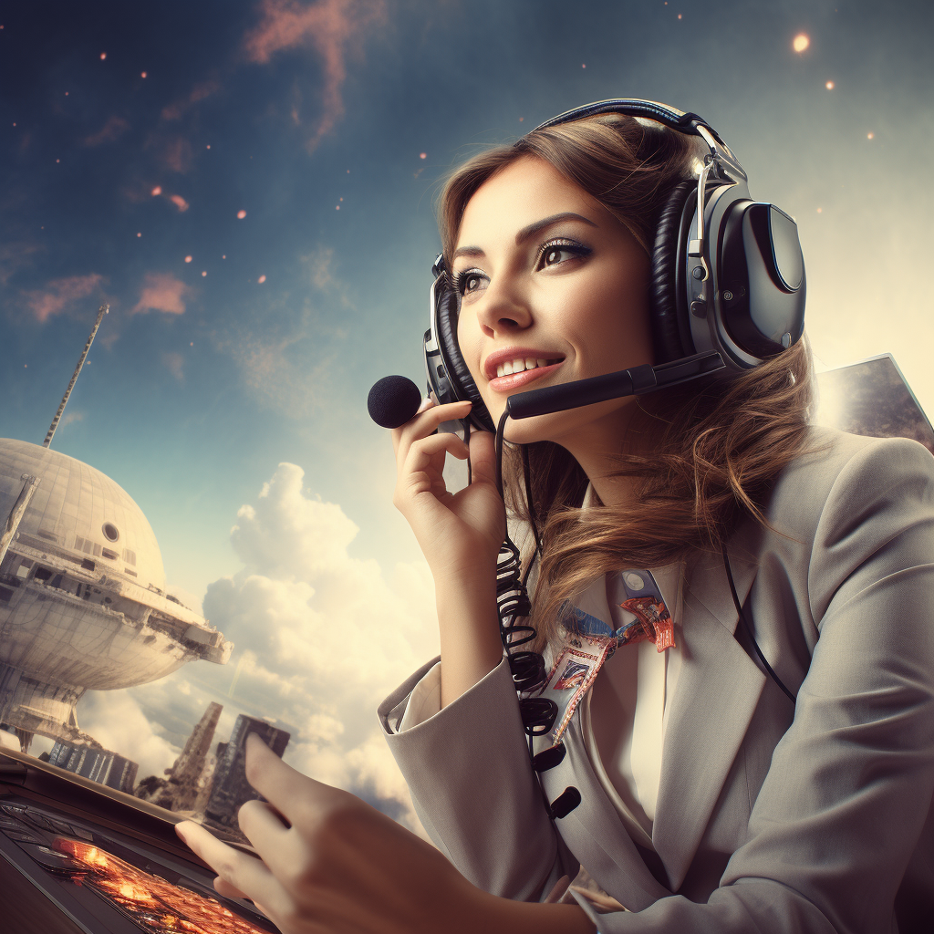 Female call center agent riding a rocket