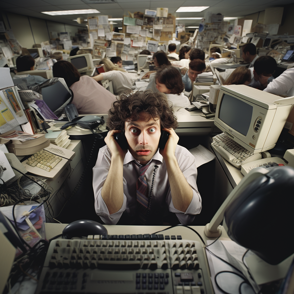 Stressed worker in call center chaos