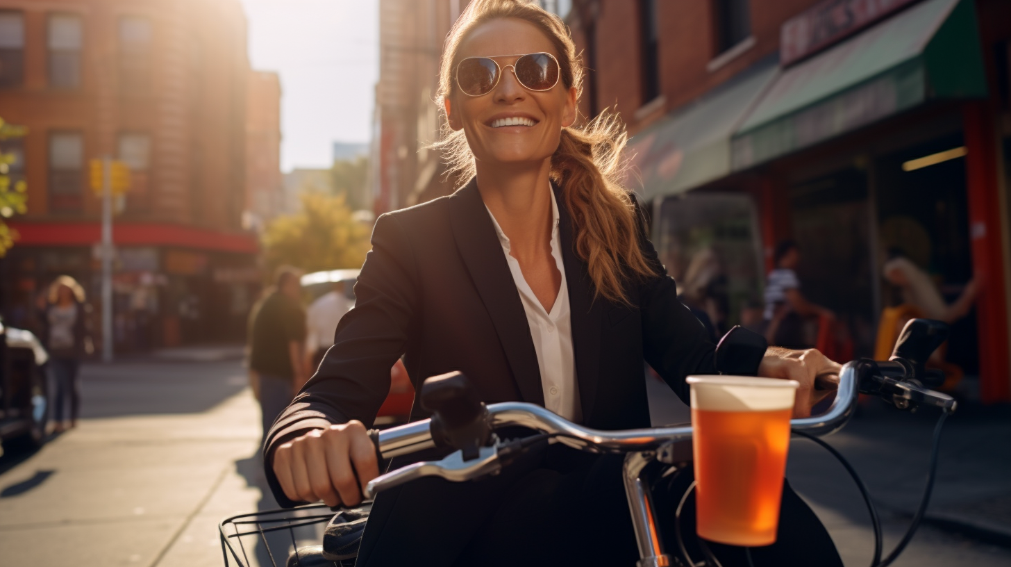 Calm business woman on pedicab holding tomato juice