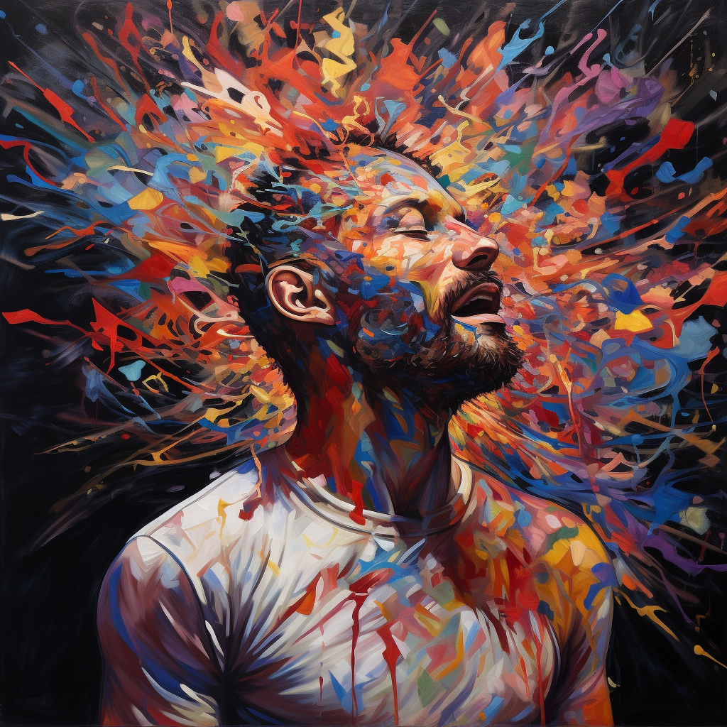 Faceless man amidst chaos with vivid colors