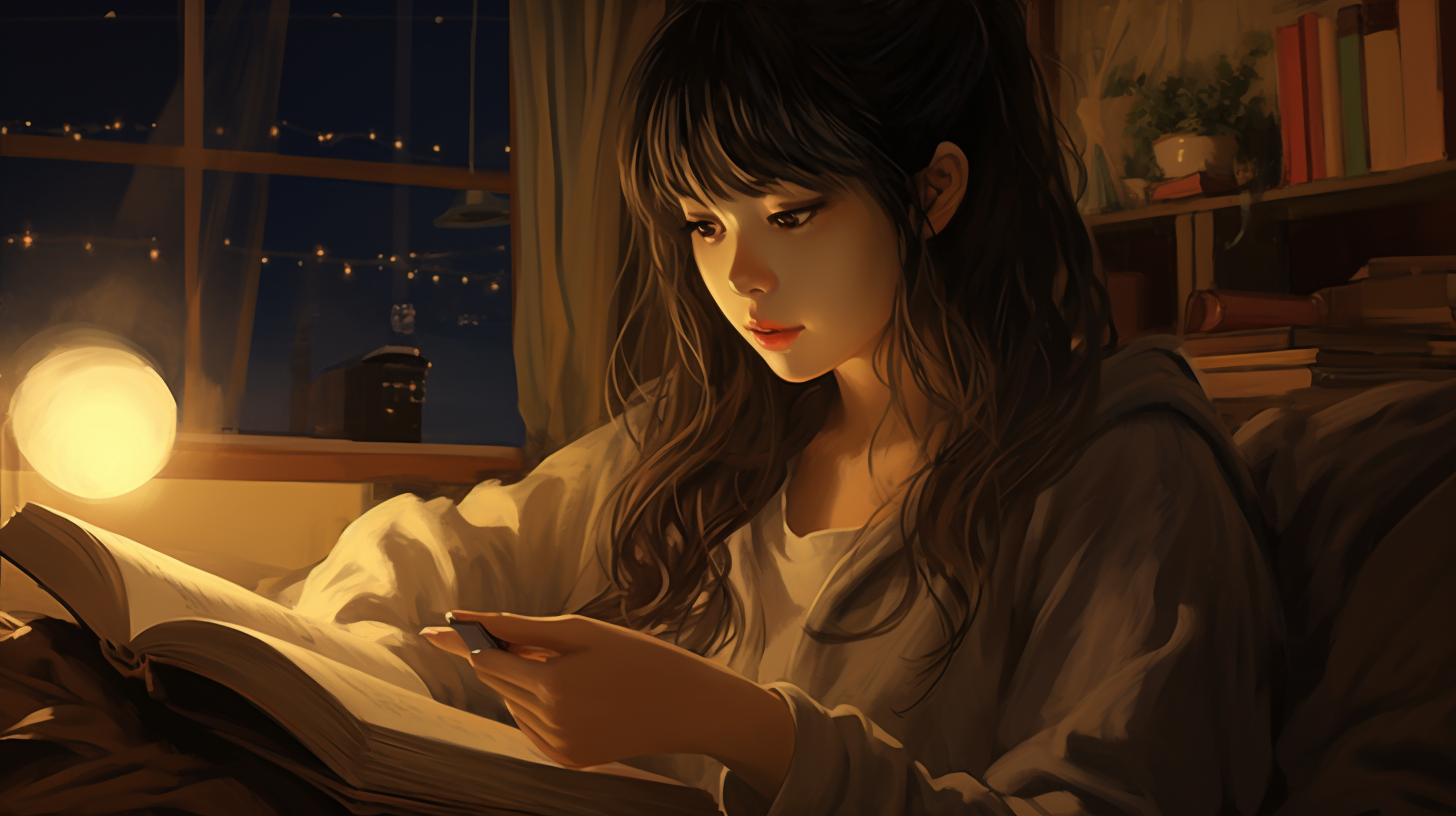 Calm face girl reading book in room at night