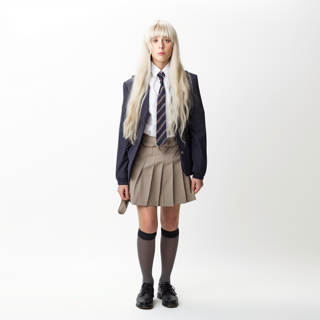 40-year-old man in girl school uniform with blonde wig