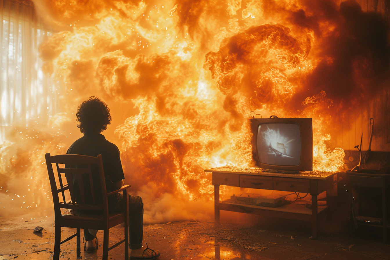 Calm person watching TV in fire