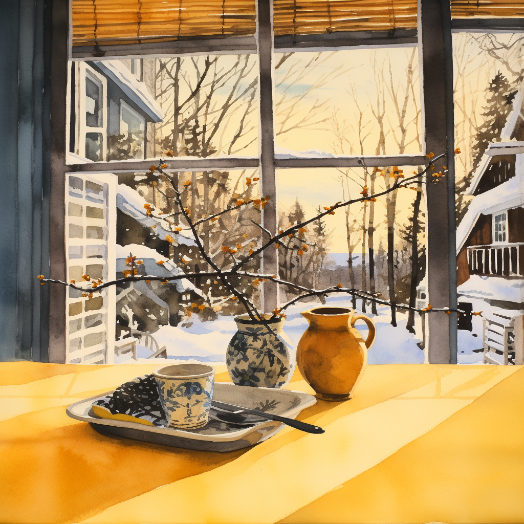 Calm scenery kitchen window winter coffee table