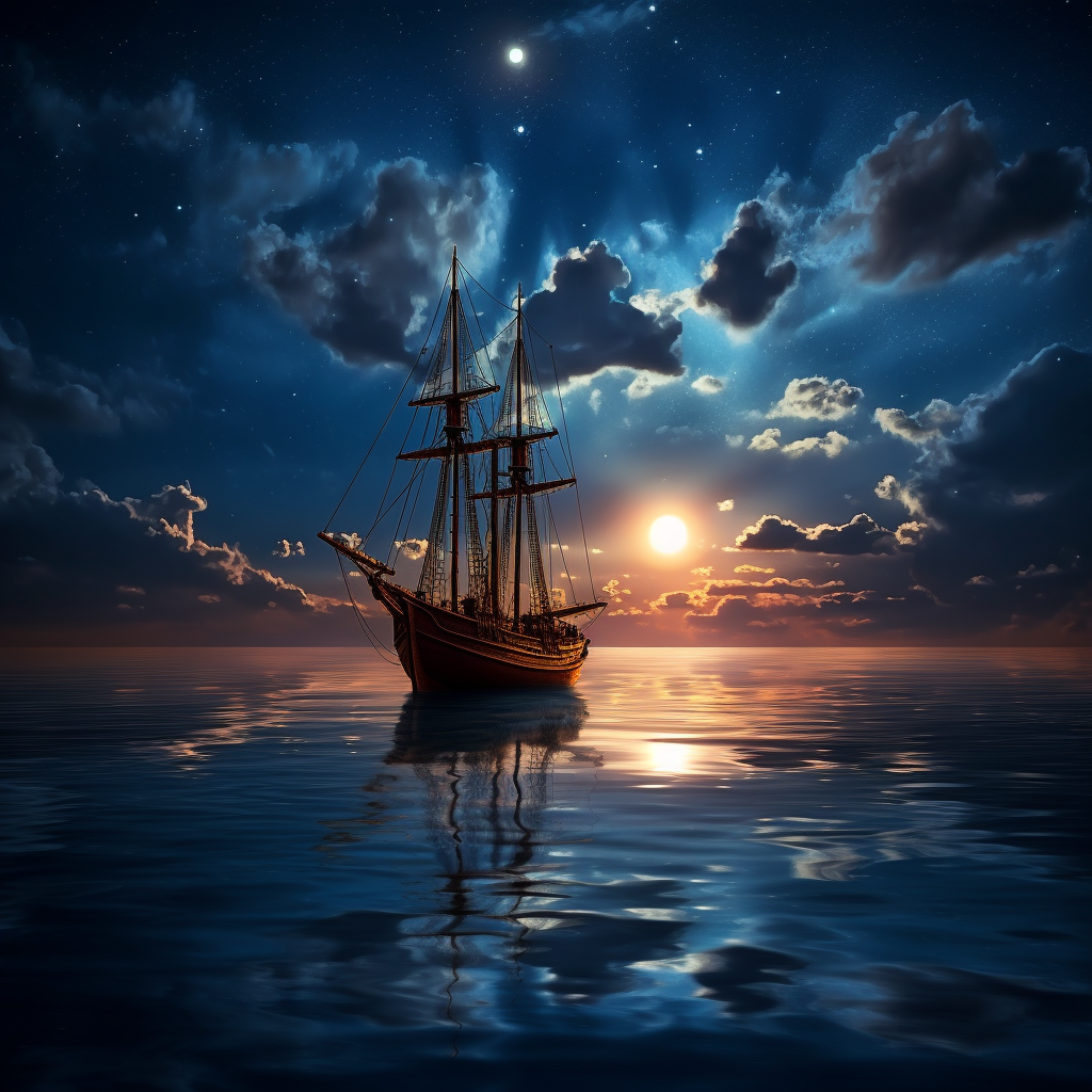 Sailing boat in moonlit calm sea