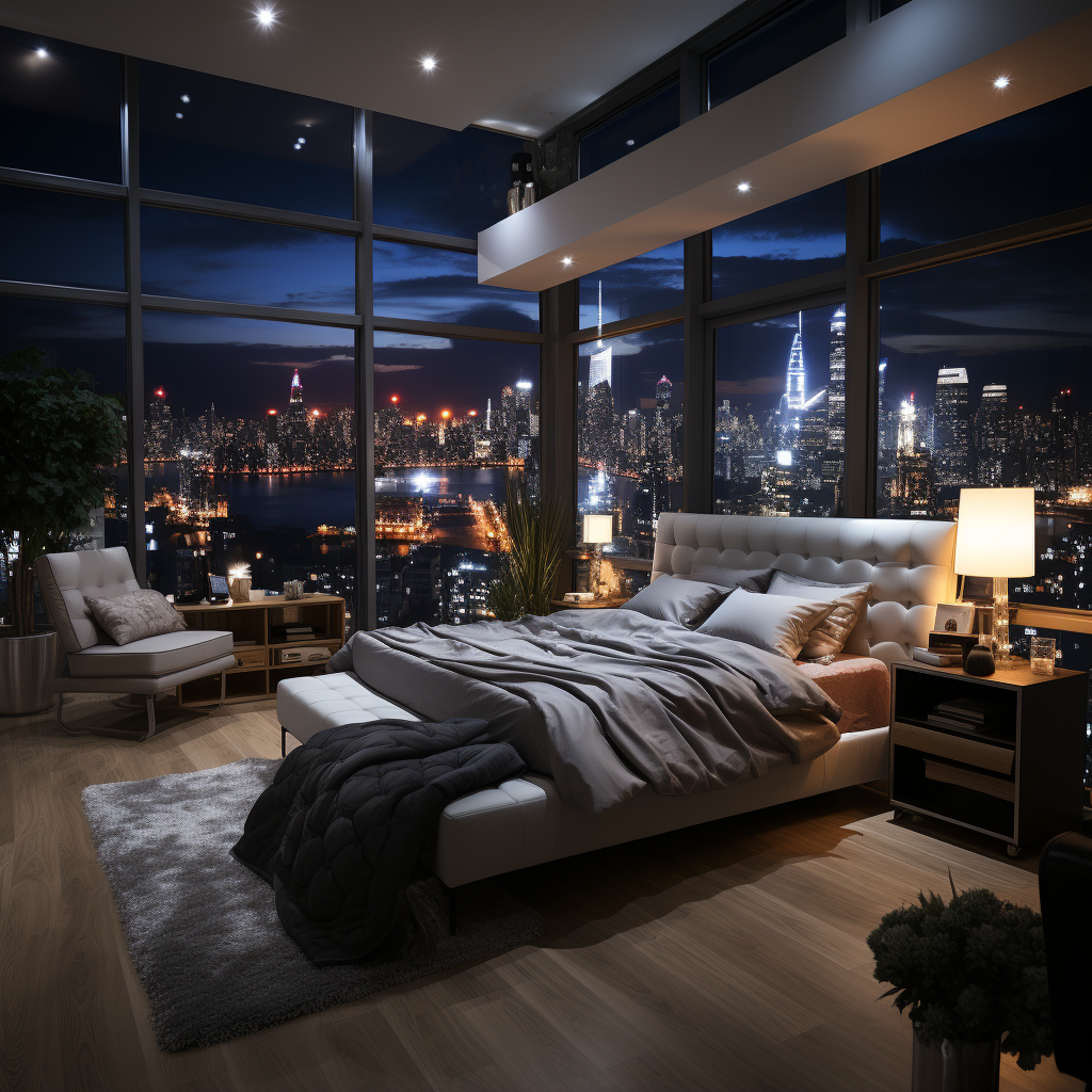 White king bed in room with city view at night