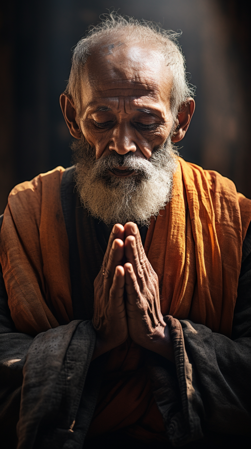 Elderly man praying at Cambodian temple