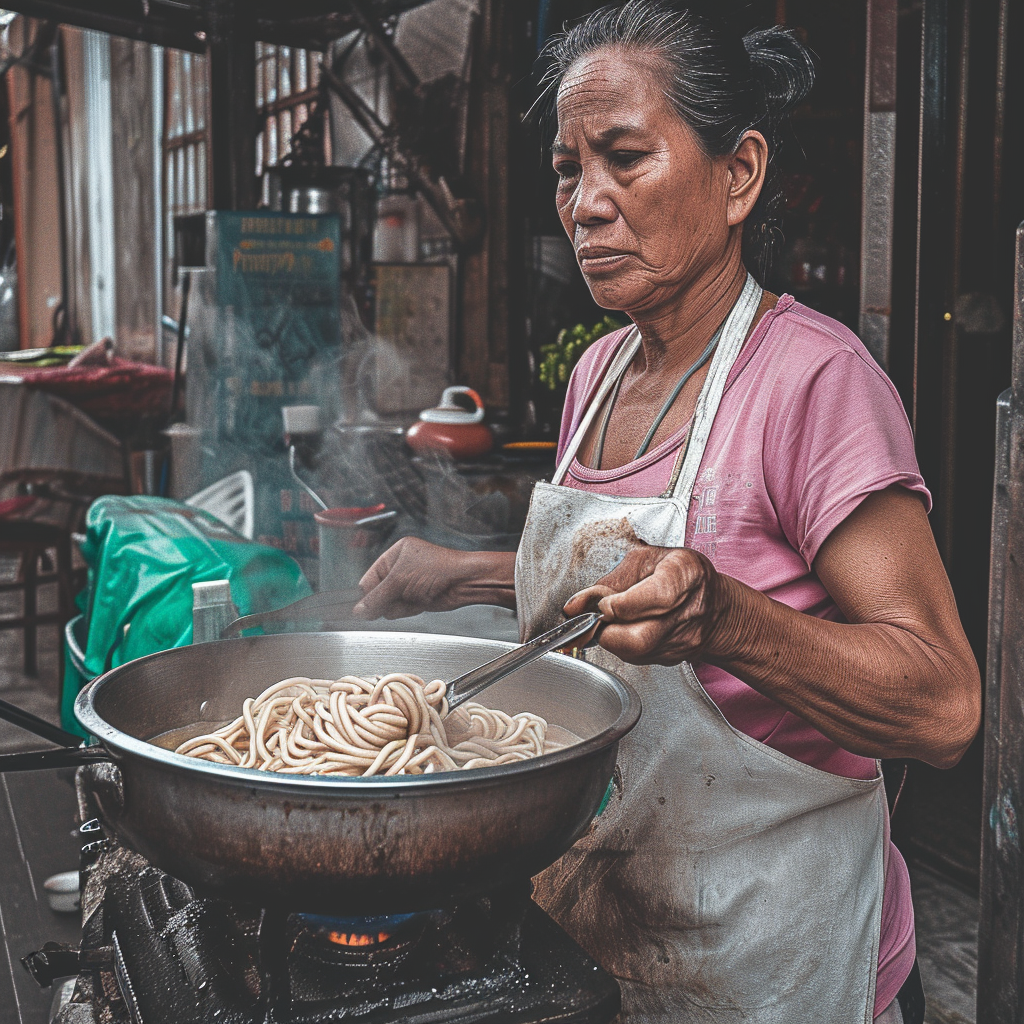 Cambodian Woman Cooking with Cinematic Lighting