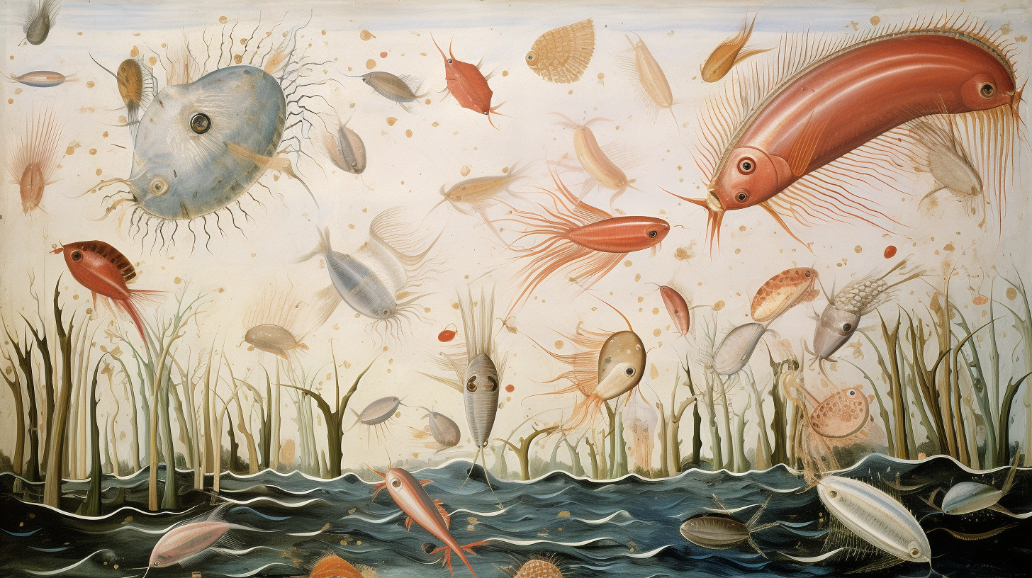 Fresco featuring fantastical creatures from the Cambrian Explosion