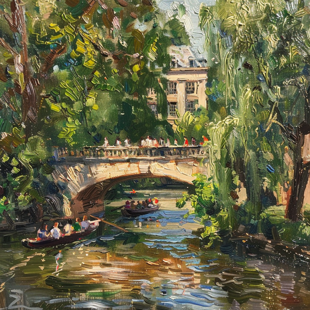 students punting under Cambridge bridge