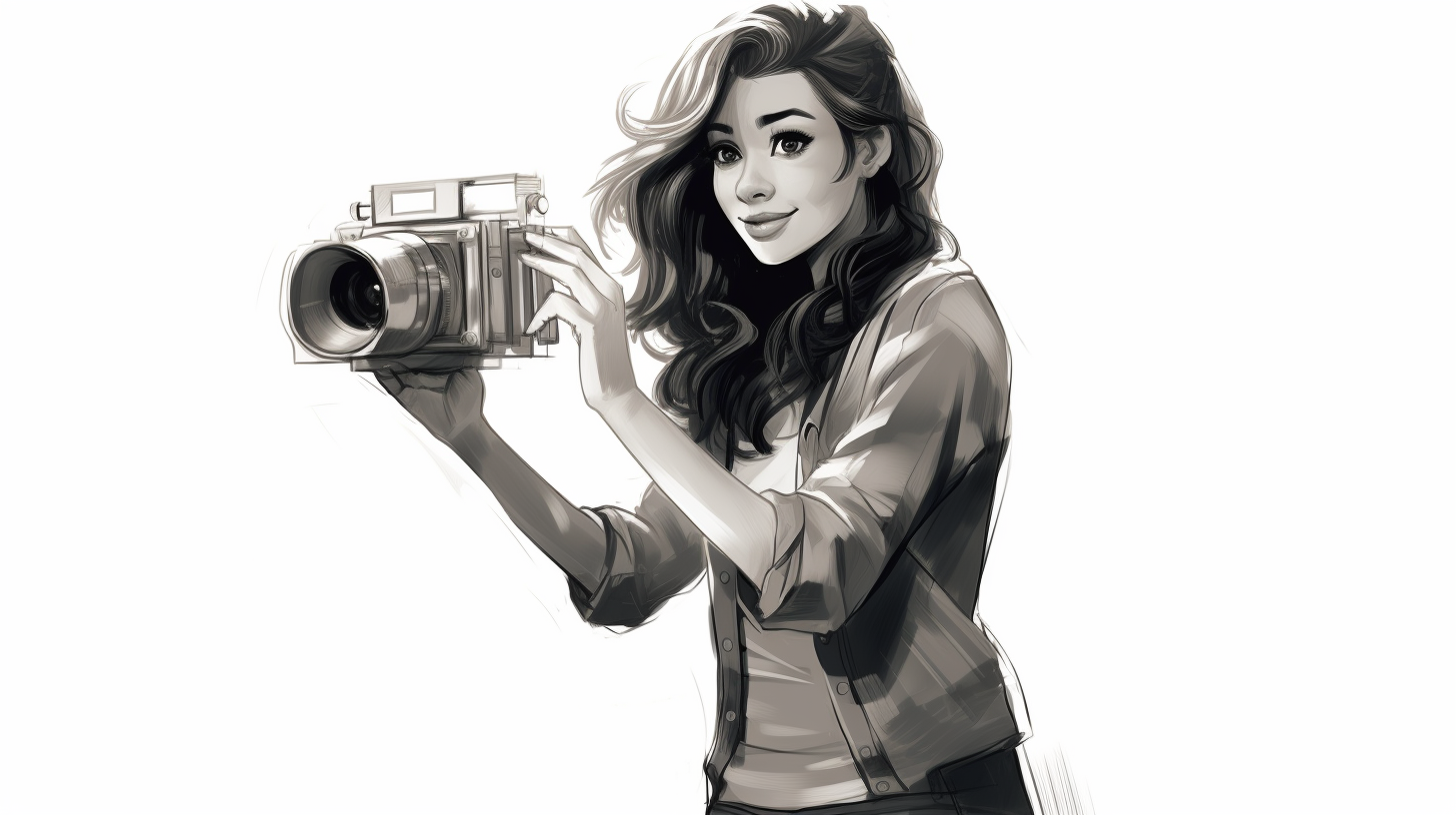 Pixarian camera woman with video camera sketch