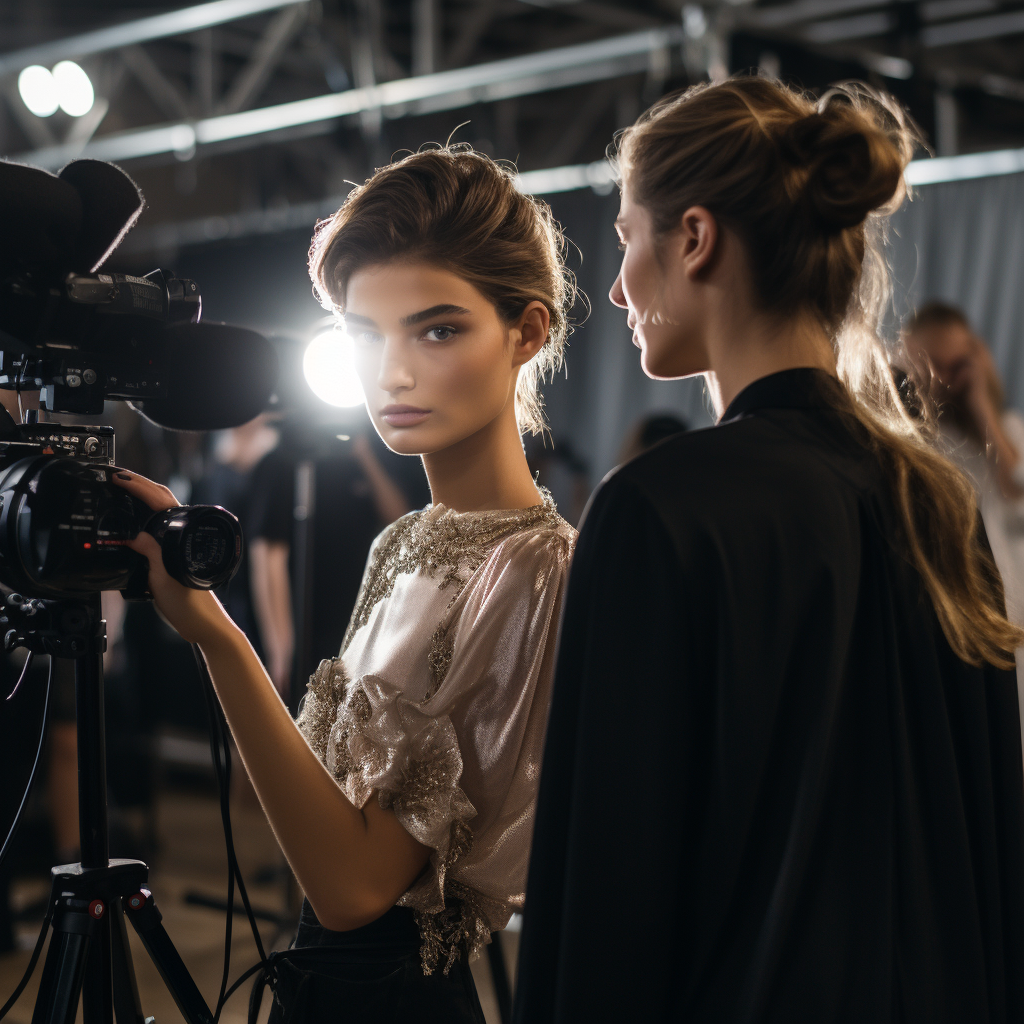 Stylist styling model at fashion catwalk backstage