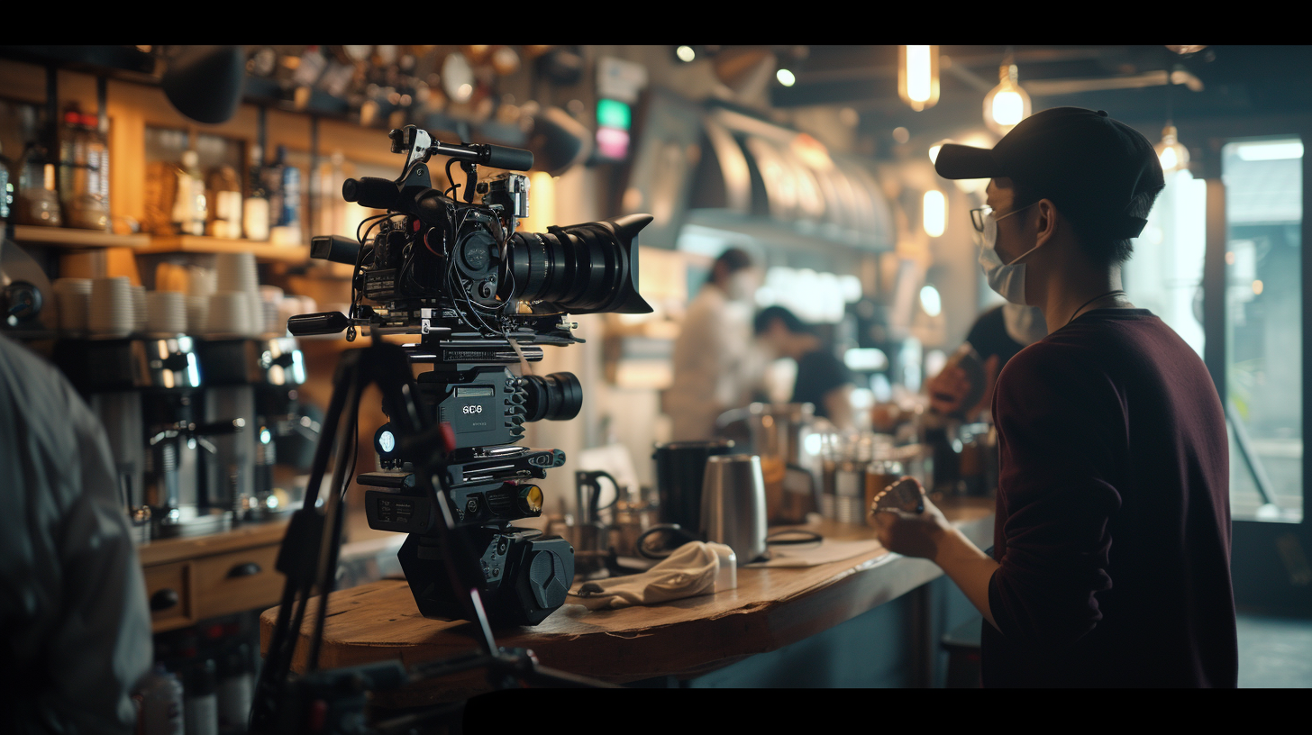 Cameramen shooting ad in coffee shop