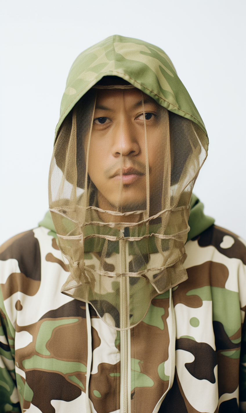 Close-up portrait of model in camouflage outfit