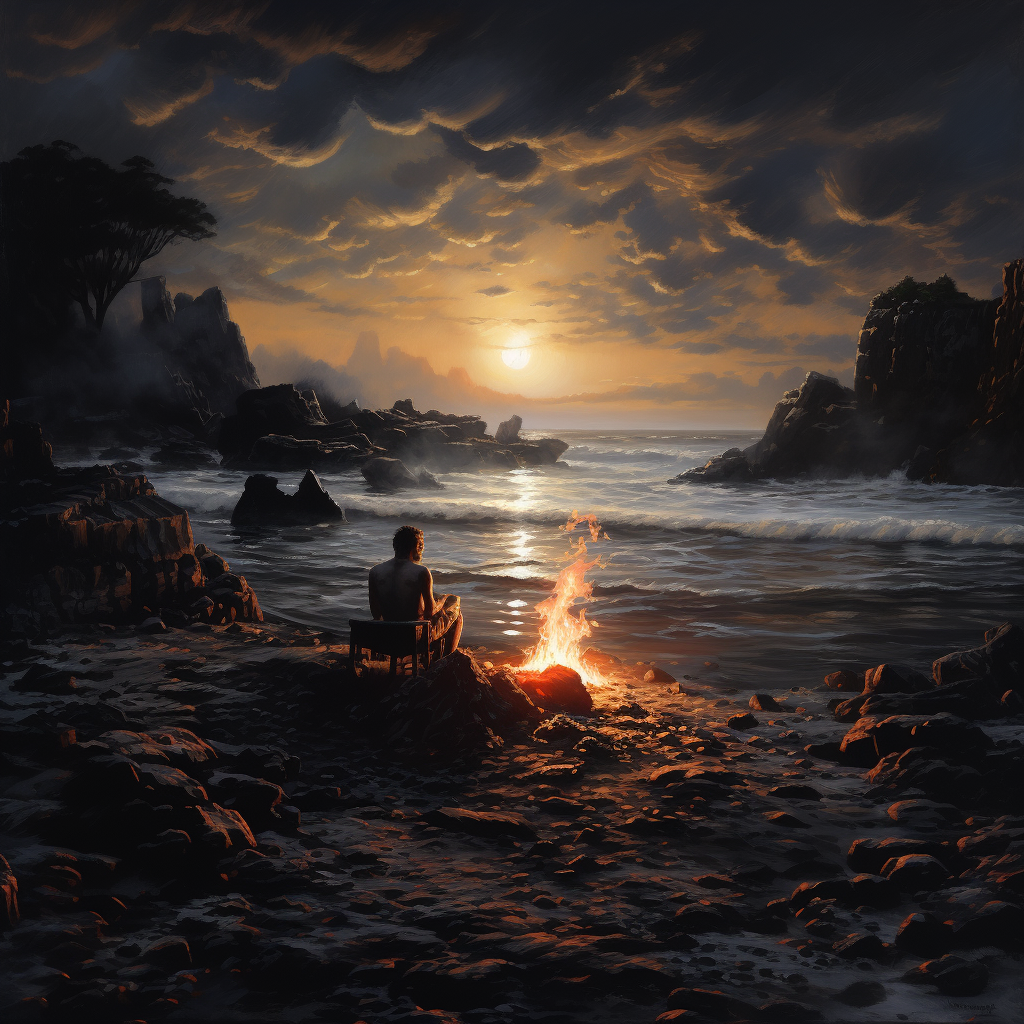 Glowing campfire on blacksand beach