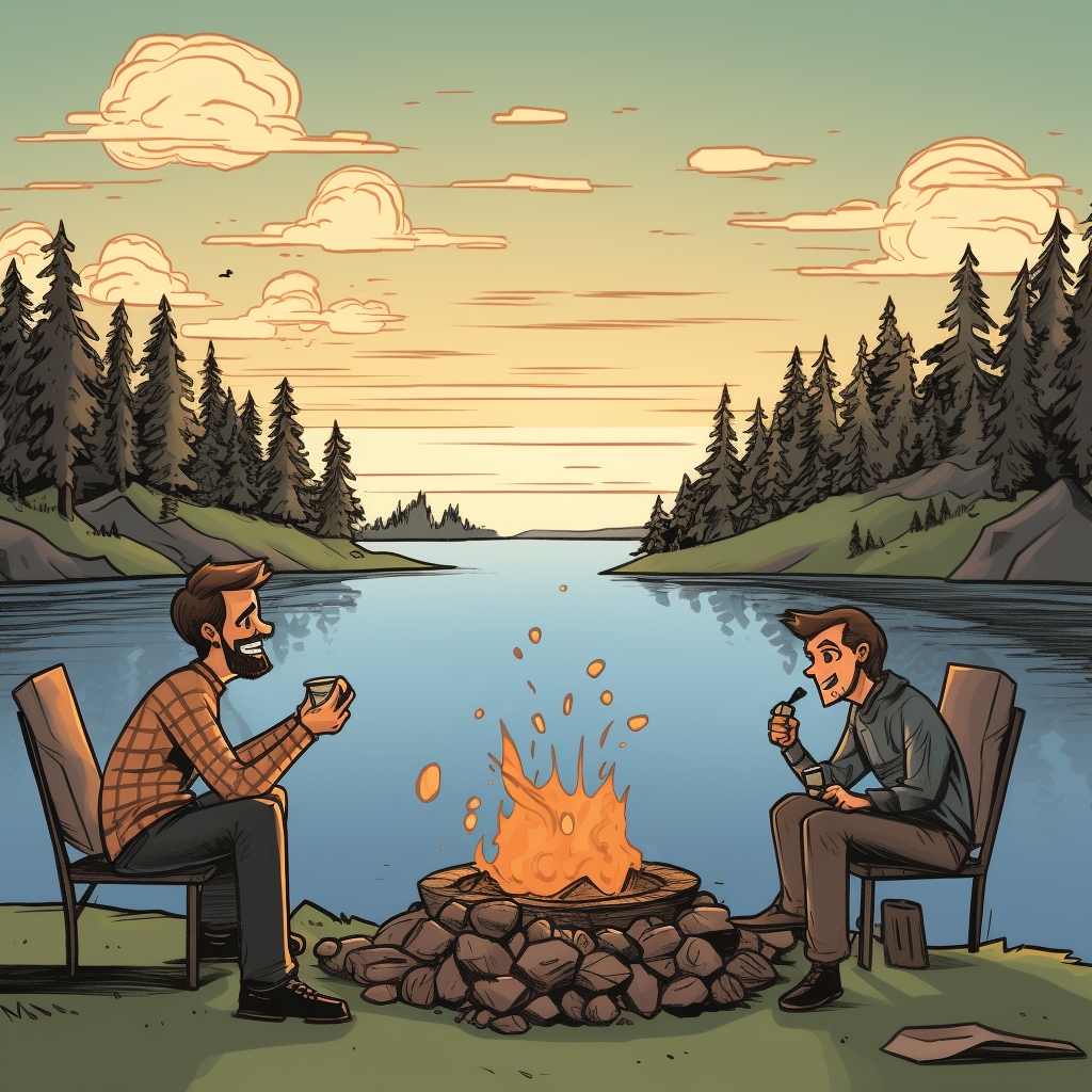 Two men enjoying coffee by the lake