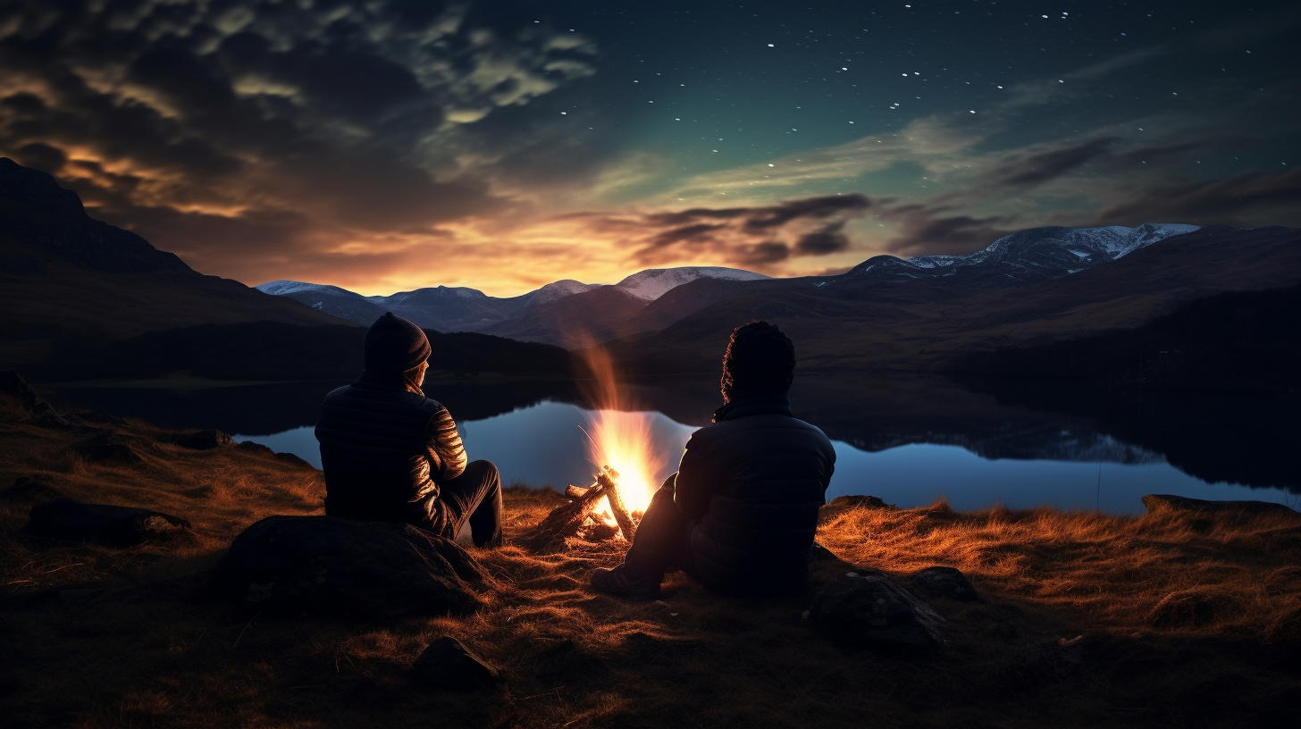 Friends sitting by campfire Scottish Highlands at night