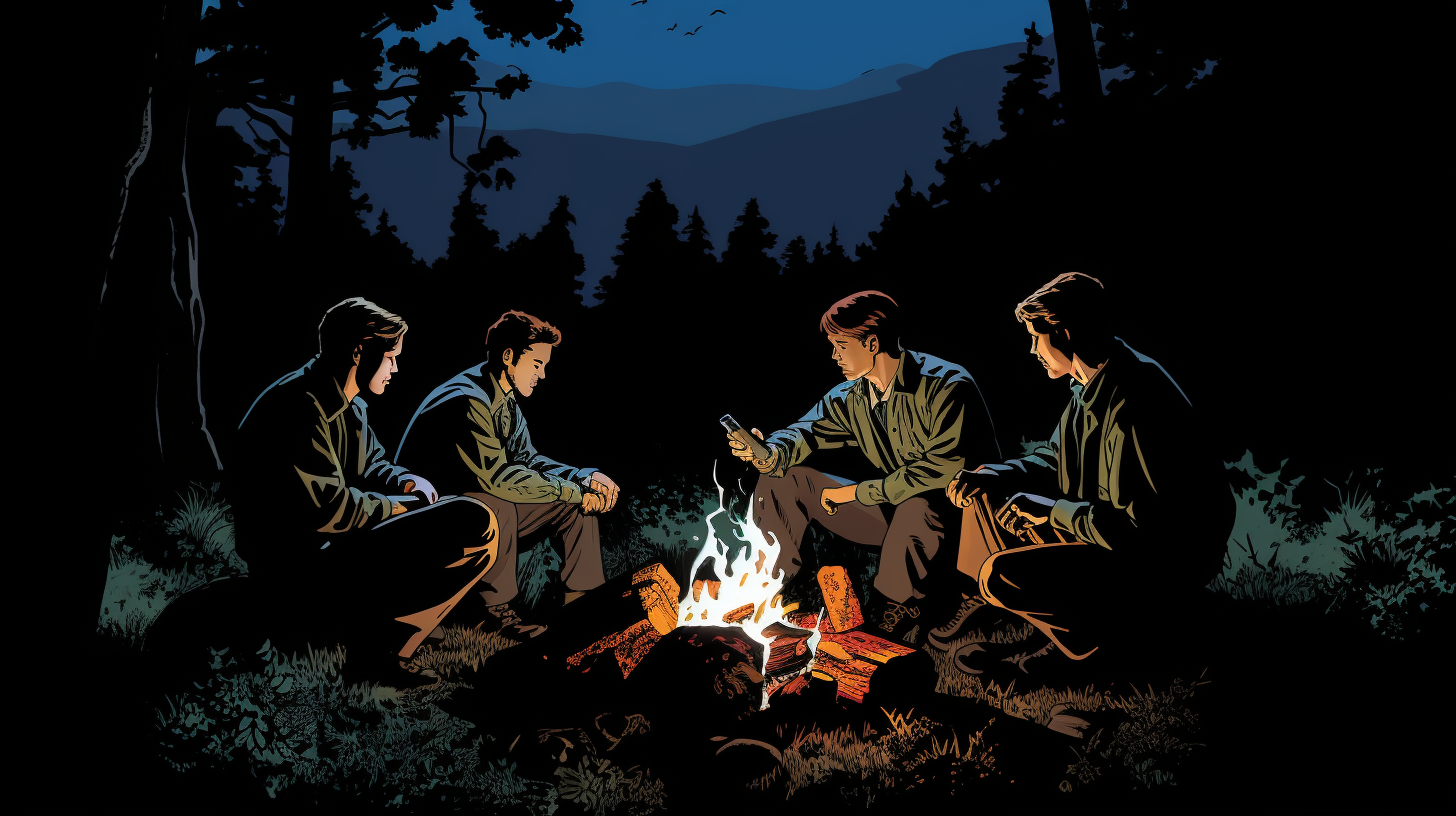 Group enjoying campfire stories at night