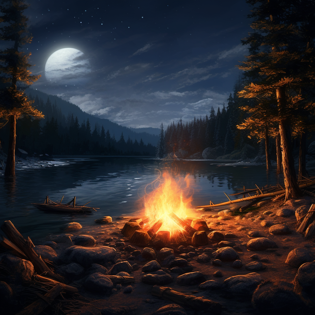 Campfire in Night Camping Scene