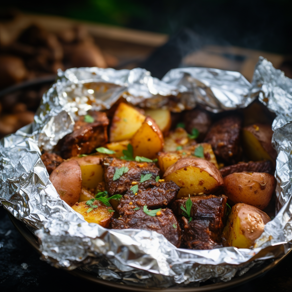 Roasted beef and potatoes over a campfire