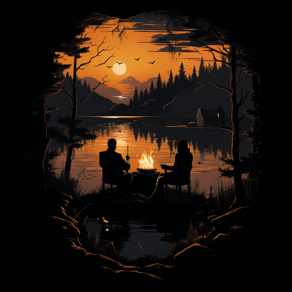 Two men by campfire near lake