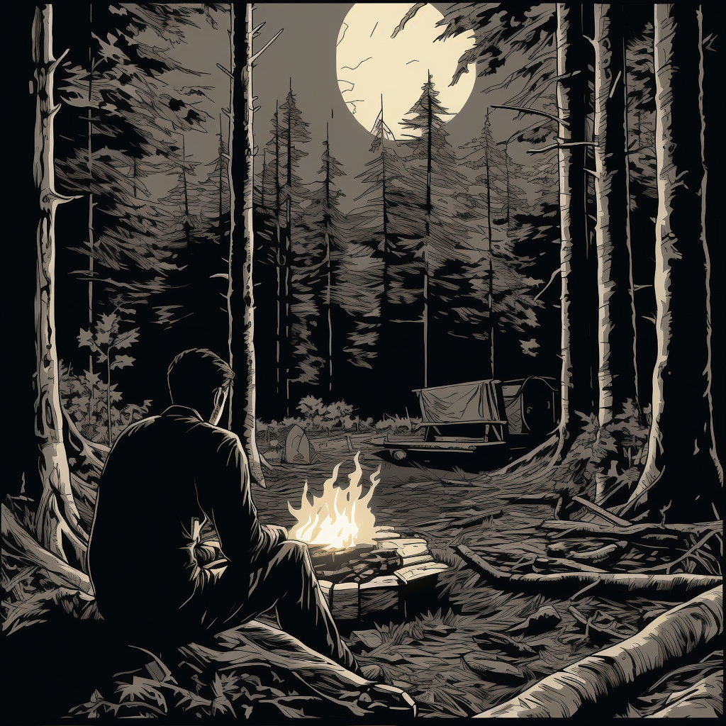 Black and white drawing of a man sitting at a campfire