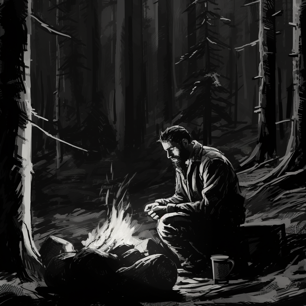 Man sitting at campfire with firewood