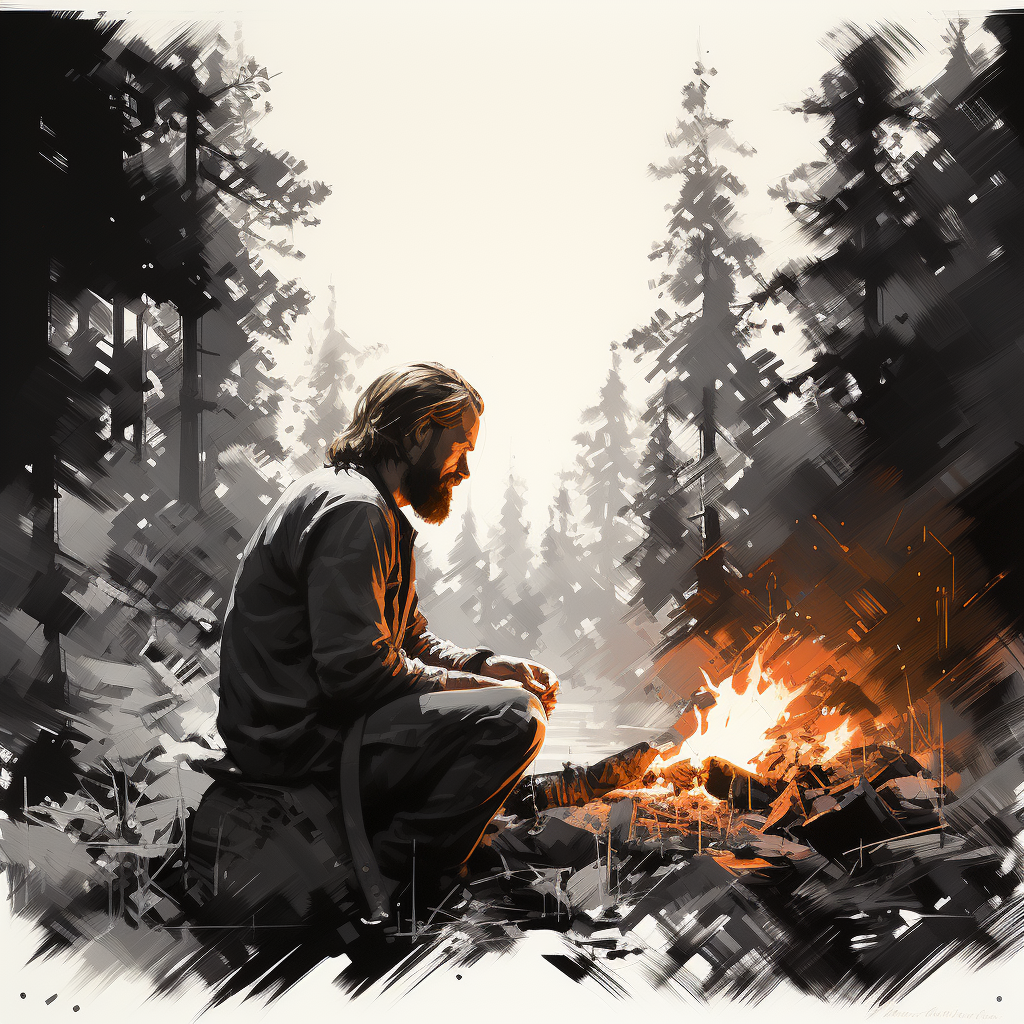 Man sitting at campfire with firewood