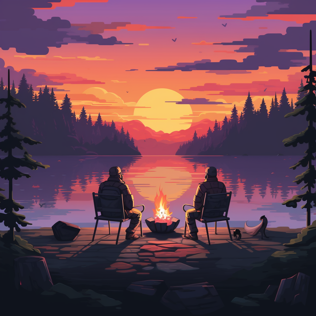 Two men enjoying campfire with guksis