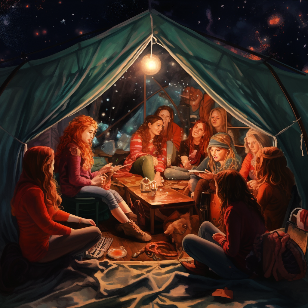 Girls enjoying camping inside a tent