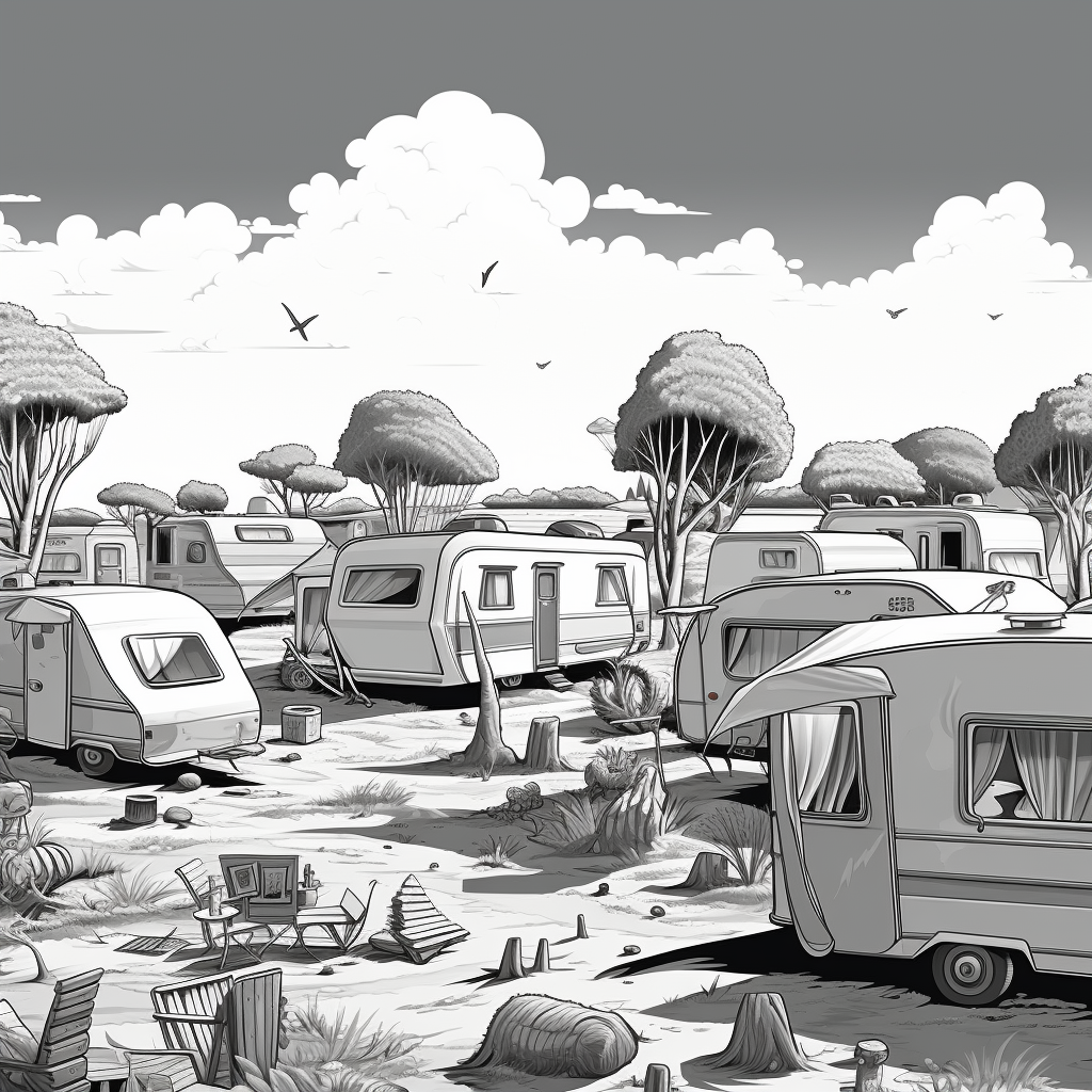 Black and White Cartoon Camping Scene