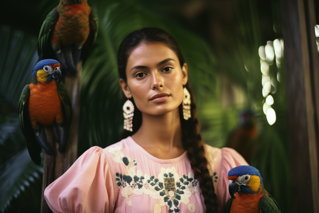 Young woman posing with oversized parrots in the jungle