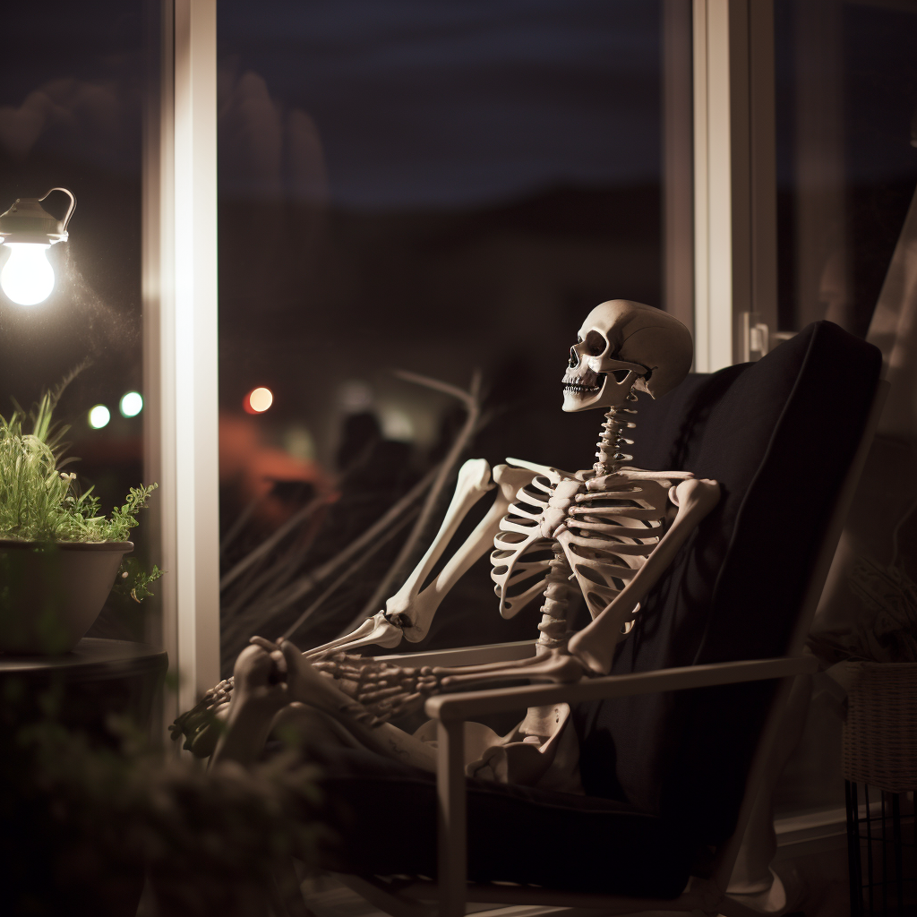 Candid photo of skeleton on lounge chair